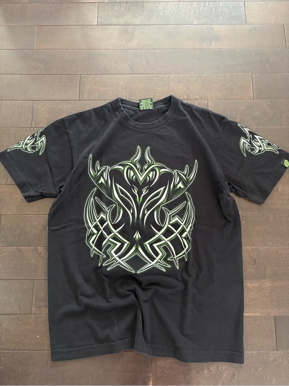 Black Graphic Tribal Tee with Green Accents - Men's Shirt